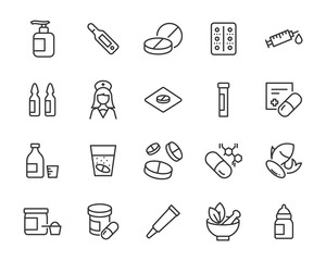 set of medicine icons, pills, capsule, drug store, pharmacy
