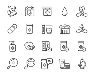 set of medicine icons, pills, capsule, drug store, pharmacy