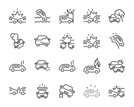 Set Of Car Accident Icons, Crash, Steal, Insurance, Vehicle