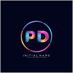 Initial letter PD curve rounded logo, gradient vibrant colorful glossy colors on black background