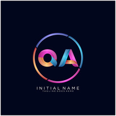 Initial letter QA curve rounded logo, gradient vibrant colorful glossy colors on black background