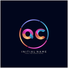 Initial letter QC curve rounded logo, gradient vibrant colorful glossy colors on black background