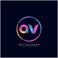 Initial letter QV curve rounded logo, gradient vibrant colorful glossy colors on black background