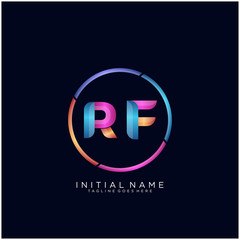 Initial letter RF curve rounded logo, gradient vibrant colorful glossy colors on black background