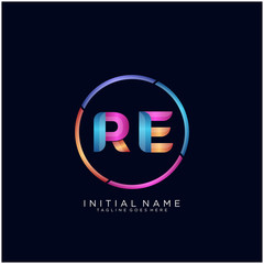 Initial letter RE curve rounded logo, gradient vibrant colorful glossy colors on black background