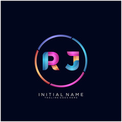 Initial letter RJ curve rounded logo, gradient vibrant colorful glossy colors on black background
