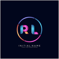 Initial letter RL curve rounded logo, gradient vibrant colorful glossy colors on black background