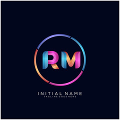 Initial letter RM curve rounded logo, gradient vibrant colorful glossy colors on black background