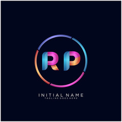 Initial letter RP curve rounded logo, gradient vibrant colorful glossy colors on black background