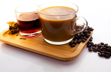 Hot coffee and hot tea on a white background