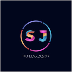 Initial letter SJ curve rounded logo, gradient vibrant colorful glossy colors on black background