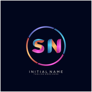 Initial letter SN curve rounded logo, gradient vibrant colorful glossy colors on black background