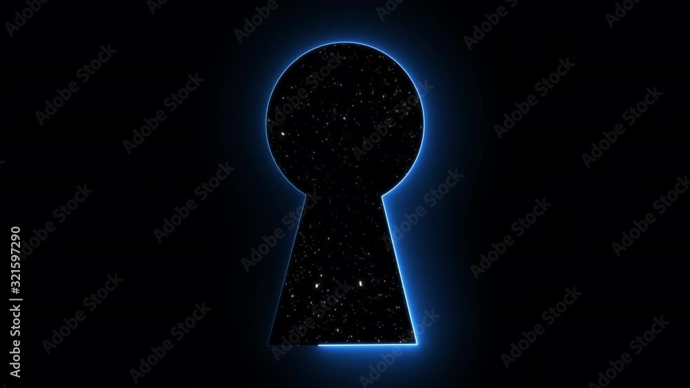 Poster neon keyhole with stars, computer graphics abstract background, 3d rendering