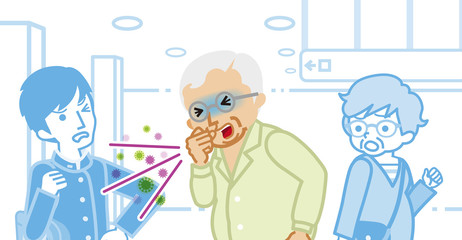 Coughing senior man and annoyed people - spread virus concept art