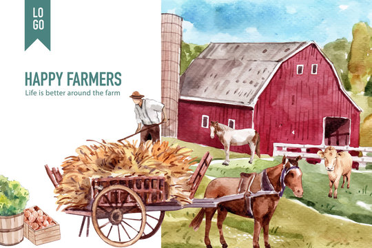 Farmer frame design with warehouse, horse watercolor illustration.