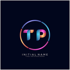 Initial letter TP curve rounded logo, gradient vibrant colorful glossy colors on black background