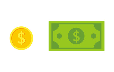 Vector dollar bank note and coin, icon illustrations and vector