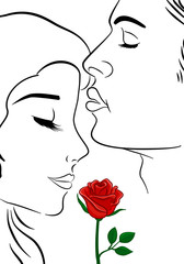 Kissing couple in love, black and white hand drawn sketch. Romantic scene man and woman.with red rose