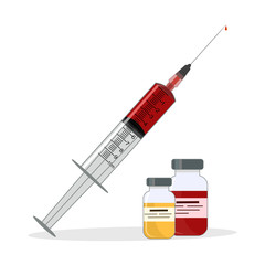 Medical syringe with red liquid isolated on white background. 