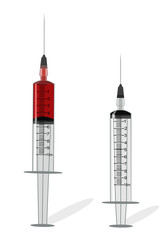 Medical syringe with red liquid isolated on white background. 