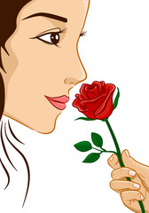 Beautiful young  woman holding red rose flower in front of nose smelling scent