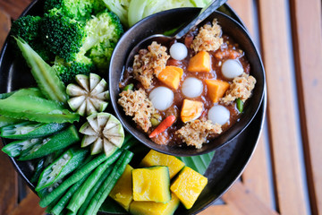 shrimp prawn dip sauce paste and vegetable. Thai food appetizer cuisine