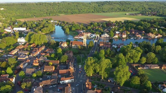 4K aerial footage flying towards the church and the River Thames in Marlow, Buckinghamshire