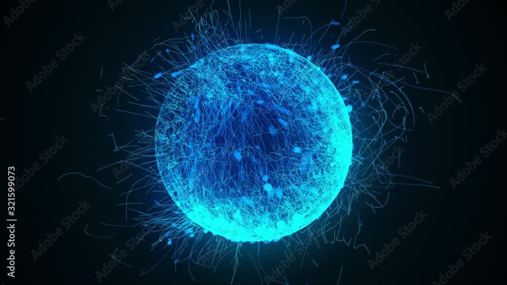 Poster 3d rendering, computer generated sphere or ball of numerous neon scribbles particles and lines on a 