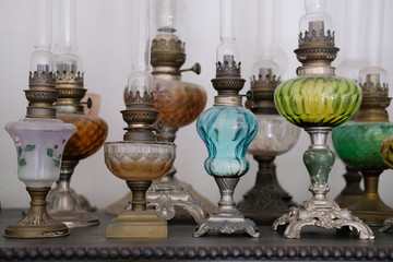 Fototapeta na wymiar old vintage antique lantern lamp decorating on wooden cabinet