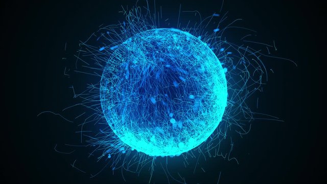 3d rendering, computer generated sphere or ball of numerous neon scribbles particles and lines on a black background