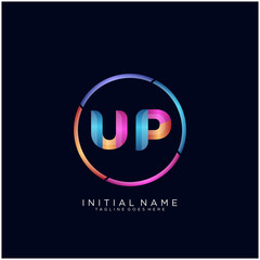 Initial letter UP curve rounded logo, gradient vibrant colorful glossy colors on black background