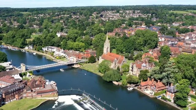 Timelapse aerial flyover captured over the River Thames at Marlow in Buckinghamshire, UK