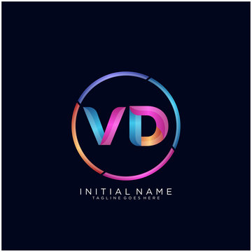 Initial letter VD curve rounded logo, gradient vibrant colorful glossy colors on black background