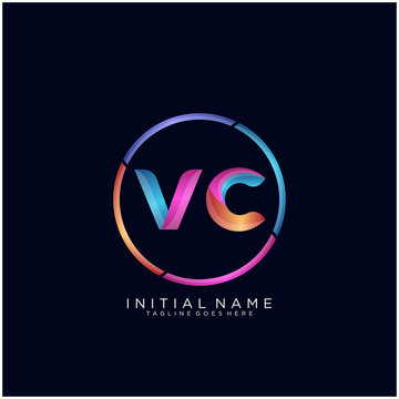 Initial letter VC curve rounded logo, gradient vibrant colorful glossy colors on black background