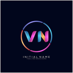 Fototapeta premium Initial letter VN curve rounded logo, gradient vibrant colorful glossy colors on black background