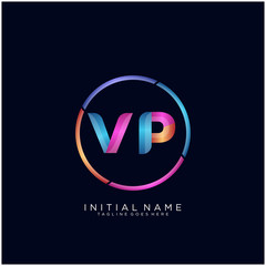 Initial letter VP curve rounded logo, gradient vibrant colorful glossy colors on black background