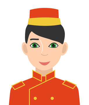 Hotel Doorman In Red Uniform. Avatar Of Man In A Cap And Doublet. Isolated On A White Background. Vector Illustration.