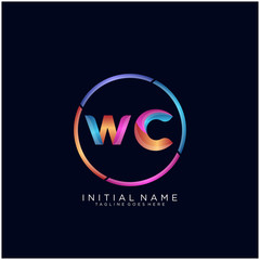 Initial letter WC curve rounded logo, gradient vibrant colorful glossy colors on black background