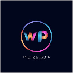 Fototapeta na wymiar Initial letter WP curve rounded logo, gradient vibrant colorful glossy colors on black background