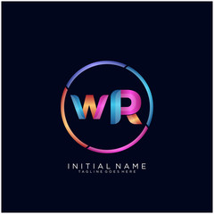 Initial letter WR curve rounded logo, gradient vibrant colorful glossy colors on black background