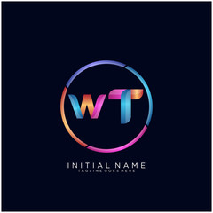 Initial letter WT curve rounded logo, gradient vibrant colorful glossy colors on black background