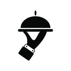 Fototapeta premium Hand of waiter with serving tray icon. Isolated symbol on white background. Black vector illustration.