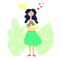 Obraz na płótnie Canvas Pretty woman in love with flowers and hearts, cartoon style vector illustration for design valentines day, woman day and mothers day.