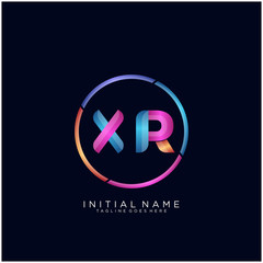 Initial letter XR curve rounded logo, gradient vibrant colorful glossy colors on black background