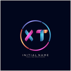 Obraz premium Initial letter XT curve rounded logo, gradient vibrant colorful glossy colors on black background