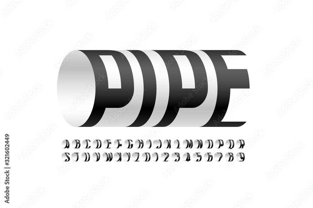 Fototapete modern font pipe, three-dimensional alphabet letters and numbers