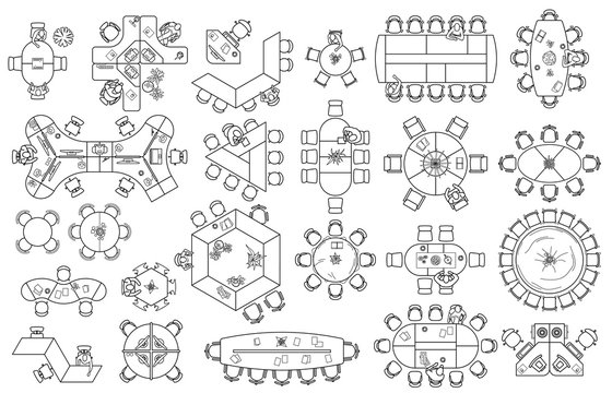 Floor plan of office or cabinet in top view. Desks (working table), chairs, computers, reception and other modular system of office equipment. Furniture icons in view from above. Vector