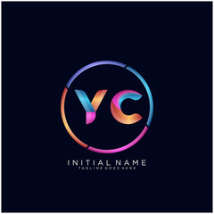 Initial letter YC curve rounded logo, gradient vibrant colorful glossy colors on black background