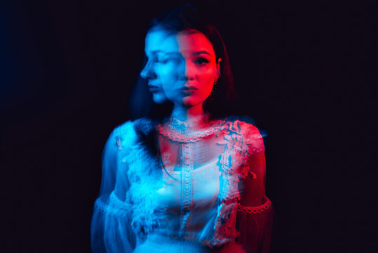 portrait of a paranoid girl with mental disorders and a split personality