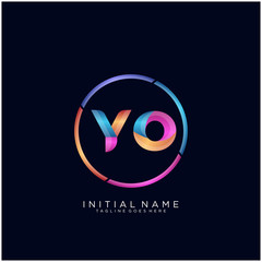 Initial letter YO curve rounded logo, gradient vibrant colorful glossy colors on black background